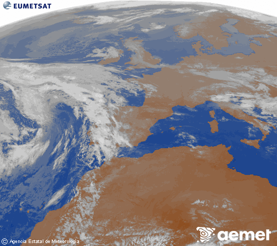 Imagen de la zona de Europa y Norte de �frica del canal infrarrojo del sat�lite Meteosat operacional en 0�N 0�W, procesada para darle color.&nbsp;martes, 21 abril 2026 a las 08:00