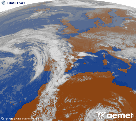 Imagen de la zona de Europa y Norte de �frica del canal infrarrojo del sat�lite Meteosat operacional en 0�N 0�W, procesada para darle color.&nbsp;asteartea, 2026ko apirilak 21, ordua: 18:00