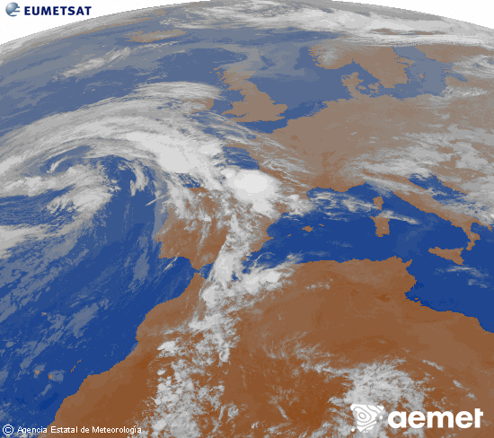Imagen de la zona de Europa y Norte de �frica del canal infrarrojo del sat�lite Meteosat operacional en 0�N 0�W, procesada para darle color.&nbsp;asteartea, 2026ko apirilak 21, ordua: 23:00