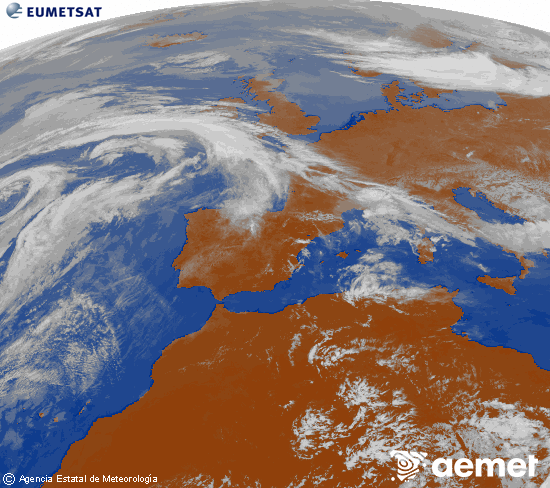 Imagen de la zona de Europa y Norte de �frica del canal infrarrojo del sat�lite Meteosat operacional en 0�N 0�W, procesada para darle color.&nbsp;asteazkena, 2026ko apirilak 22, ordua: 14:00