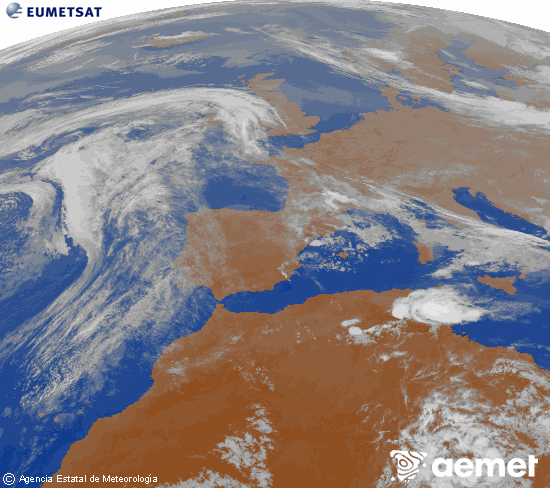 Imagen de la zona de Europa y Norte de �frica del canal infrarrojo del sat�lite Meteosat operacional en 0�N 0�W, procesada para darle color.&nbsp;asteazkena, 2026ko apirilak 22, ordua: 22:00