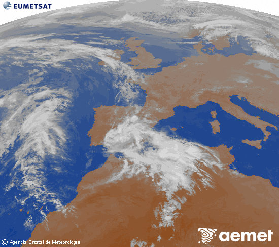 Imagen de la zona de Europa y Norte de �frica del canal infrarrojo del sat�lite Meteosat operacional en 0�N 0�W, procesada para darle color.&nbsp;samedi, 25 avril  2026 01:00