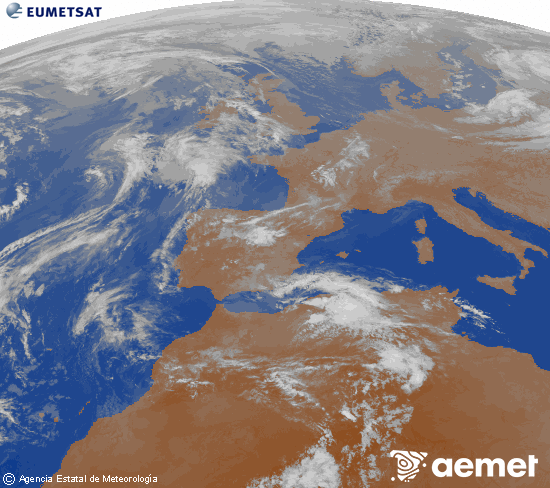 Imagen de la zona de Europa y Norte de �frica del canal infrarrojo del sat�lite Meteosat operacional en 0�N 0�W, procesada para darle color.&nbsp;diumenge, 26 d?abril  2026 01:00