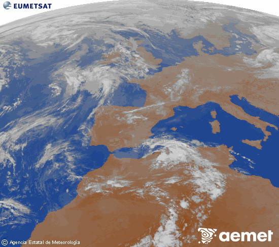 Imagen de la zona de Europa y Norte de �frica del canal infrarrojo del sat�lite Meteosat operacional en 0�N 0�W, procesada para darle color.&nbsp;diumenge, 26 d?abril  2026 03:00