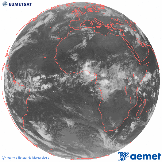 Imatge global del canal infraroig (10.8  &mu;m) del sat�l�lit Meteosat, pertanyent a la s�rie MSG (Meteosat Segona Generaci�) i situat en 0�N 0�E.&nbsp;diumenge, 26 d?abril  2026 05:00