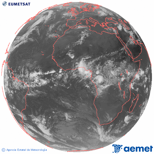 Imatge global del canal infraroig (10.8  &mu;m) del sat�l�lit Meteosat, pertanyent a la s�rie MSG (Meteosat Segona Generaci�) i situat en 0�N 0�E.&nbsp;diumenge, 26 d?abril  2026 08:00