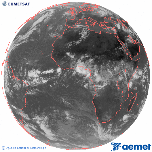 Imatge global del canal infraroig (10.8  &mu;m) del sat�l�lit Meteosat, pertanyent a la s�rie MSG (Meteosat Segona Generaci�) i situat en 0�N 0�E.&nbsp;diumenge, 26 d?abril  2026 11:00
