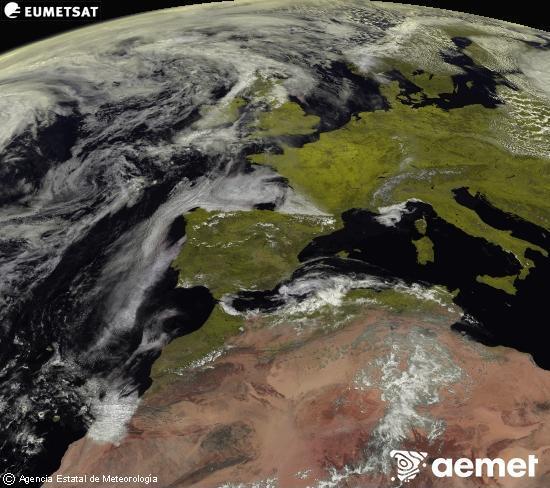 Aquesta imatge es genera utilitzant informaci� dels canals visibles del sat�l�lit METEOSAT, que pertany a la segona generaci� de sat�l�lits Meteosat (MSG). Per aquest motiu, nom�s hi ha informaci� en la zona il�luminada pel sol. A m�s, els canals han sigut normalitzats perqu� la lluentor no depenga de la posici� del sol.&nbsp;diumenge, 26 d?abril  2026 13:00