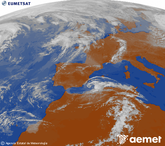 Imatge de la zona d'Europa i Nord d'�frica del canal infraroig del sat�l�lit Meteosat operacional en 0�N 0�W, processada per a donar-li color.&nbsp;diumenge, 26 d?abril  2026 13:00