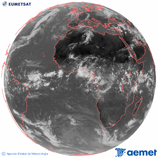 Imatge global del canal infraroig (10.8  &mu;m) del sat�l�lit Meteosat, pertanyent a la s�rie MSG (Meteosat Segona Generaci�) i situat en 0�N 0�E.&nbsp;diumenge, 26 d?abril  2026 14:00