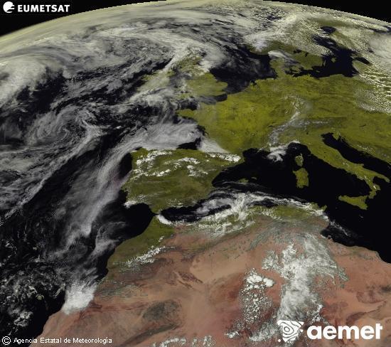 Aquesta imatge es genera utilitzant informaci� dels canals visibles del sat�l�lit METEOSAT, que pertany a la segona generaci� de sat�l�lits Meteosat (MSG). Per aquest motiu, nom�s hi ha informaci� en la zona il�luminada pel sol. A m�s, els canals han sigut normalitzats perqu� la lluentor no depenga de la posici� del sol.&nbsp;diumenge, 26 d?abril  2026 15:00