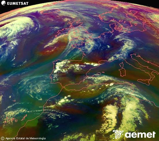 RGB composition where several channels of satellite Meteosat operational in 0� N 0� W are mixed, providing air mass and cloudiness features.&nbsp;Sunday, 26 April  2026 18:00