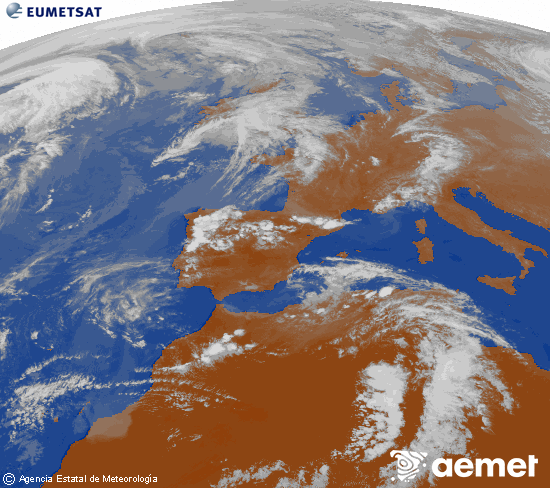 Imatge de la zona d'Europa i Nord d'�frica del canal infraroig del sat�l�lit Meteosat operacional en 0�N 0�W, processada per a donar-li color.&nbsp;diumenge, 26 d?abril  2026 18:00