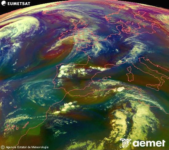 RGB composition where several channels of satellite Meteosat operational in 0� N 0� W are mixed, providing air mass and cloudiness features.&nbsp;Sunday, 26 April  2026 19:00