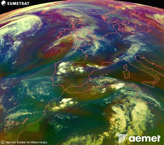 RGB composition where several channels of satellite Meteosat operational in 0� N 0� W are mixed, providing air mass and cloudiness features.&nbsp;Sunday, 26 April  2026 20:00
