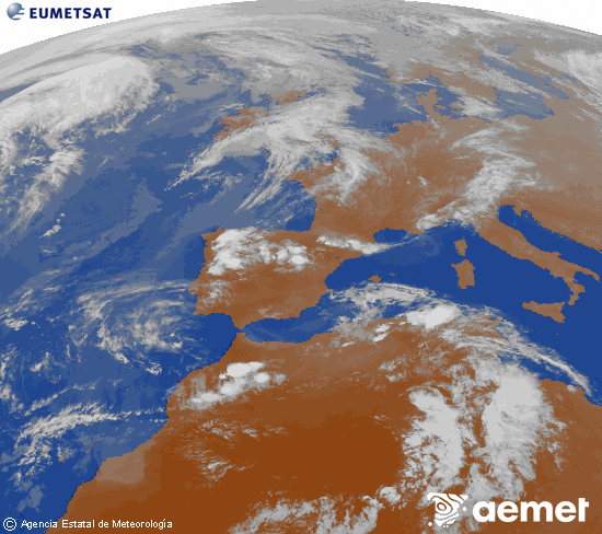 Imatge de la zona d'Europa i Nord d'�frica del canal infraroig del sat�l�lit Meteosat operacional en 0�N 0�W, processada per a donar-li color.&nbsp;diumenge, 26 d?abril  2026 20:00