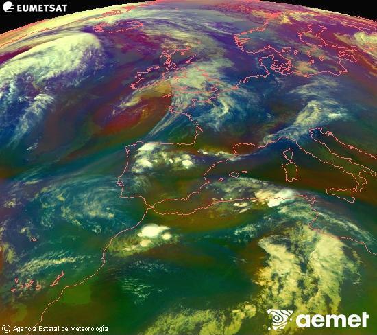 RGB composition where several channels of satellite Meteosat operational in 0� N 0� W are mixed, providing air mass and cloudiness features.&nbsp;Sunday, 26 April  2026 21:00