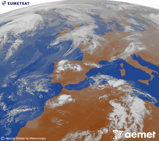 Imatge de la zona d'Europa i Nord d'�frica del canal infraroig del sat�l�lit Meteosat operacional en 0�N 0�W, processada per a donar-li color.&nbsp;diumenge, 26 d?abril  2026 21:00