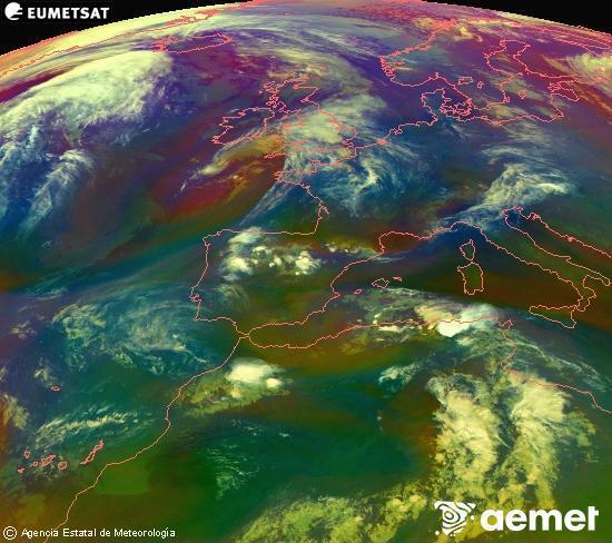 RGB composition where several channels of satellite Meteosat operational in 0� N 0� W are mixed, providing air mass and cloudiness features.&nbsp;Sunday, 26 April  2026 22:00