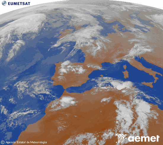 Imatge de la zona d'Europa i Nord d'�frica del canal infraroig del sat�l�lit Meteosat operacional en 0�N 0�W, processada per a donar-li color.&nbsp;diumenge, 26 d?abril  2026 22:00