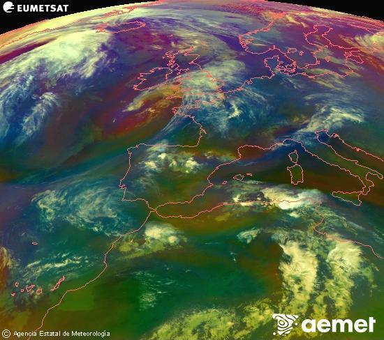 RGB composition where several channels of satellite Meteosat operational in 0� N 0� W are mixed, providing air mass and cloudiness features.&nbsp;Sunday, 26 April  2026 23:00