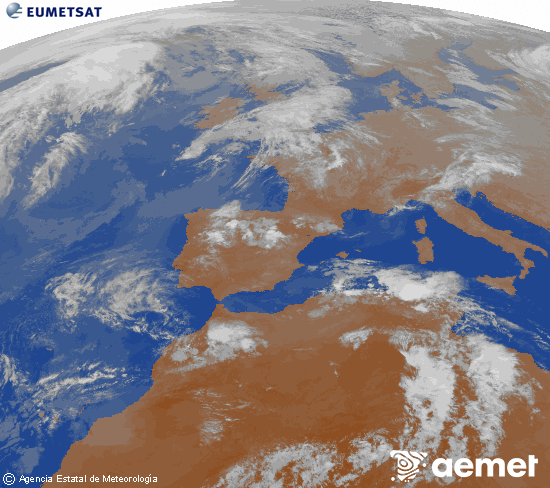 Imatge de la zona d'Europa i Nord d'�frica del canal infraroig del sat�l�lit Meteosat operacional en 0�N 0�W, processada per a donar-li color.&nbsp;diumenge, 26 d?abril  2026 23:00