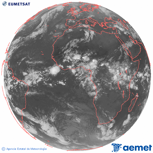Imatge global del canal infraroig (10.8  &mu;m) del sat�l�lit Meteosat, pertanyent a la s�rie MSG (Meteosat Segona Generaci�) i situat en 0�N 0�E.&nbsp;diumenge, 26 d?abril  2026 23:00