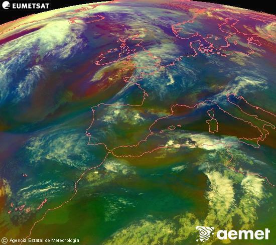 RGB composition where several channels of satellite Meteosat operational in 0� N 0� W are mixed, providing air mass and cloudiness features.&nbsp;Monday, 27 April  2026 00:00