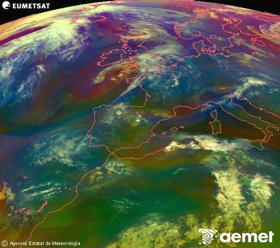 RGB composition where several channels of satellite Meteosat operational in 0� N 0� W are mixed, providing air mass and cloudiness features.&nbsp;Monday, 27 April  2026 01:00
