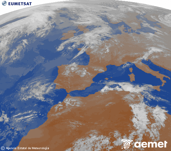Imatge de la zona d'Europa i Nord d'�frica del canal infraroig del sat�l�lit Meteosat operacional en 0�N 0�W, processada per a donar-li color.&nbsp;dilluns, 27 d?abril  2026 01:00