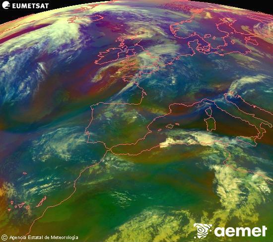 RGB composition where several channels of satellite Meteosat operational in 0� N 0� W are mixed, providing air mass and cloudiness features.&nbsp;Monday, 27 April  2026 02:00