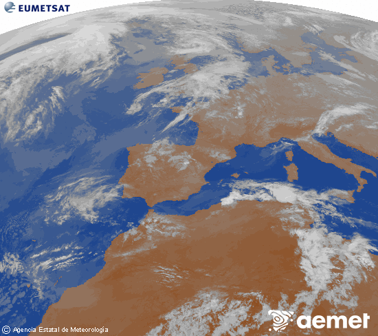 Imatge de la zona d'Europa i Nord d'�frica del canal infraroig del sat�l�lit Meteosat operacional en 0�N 0�W, processada per a donar-li color.&nbsp;dilluns, 27 d?abril  2026 02:00