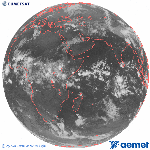 Oce� �ndic. Imatge global del canal infraroig (10.8&mu;m) de Meteosat, que pertany a la s�rie MSG (Meteosat Segona Generaci�) i est� situat a 41.5°E.&nbsp;dilluns, 27 d?abril  2026 02:00