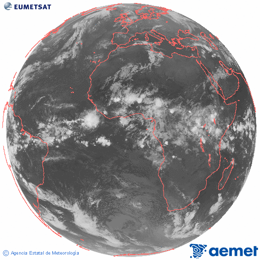 Imatge global del canal infraroig (10.8  &mu;m) del sat�l�lit Meteosat, pertanyent a la s�rie MSG (Meteosat Segona Generaci�) i situat en 0�N 0�E.&nbsp;dilluns, 27 d?abril  2026 02:00