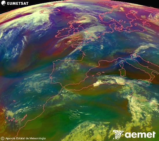 RGB composition where several channels of satellite Meteosat operational in 0� N 0� W are mixed, providing air mass and cloudiness features.&nbsp;Monday, 27 April  2026 03:00