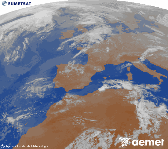 Imatge de la zona d'Europa i Nord d'�frica del canal infraroig del sat�l�lit Meteosat operacional en 0�N 0�W, processada per a donar-li color.&nbsp;dilluns, 27 d?abril  2026 03:00