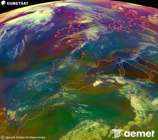 RGB composition where several channels of satellite Meteosat operational in 0� N 0� W are mixed, providing air mass and cloudiness features.&nbsp;Monday, 27 April  2026 04:00