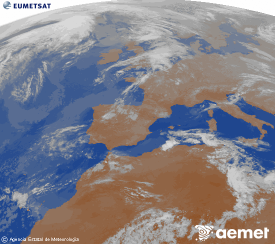 Imatge de la zona d'Europa i Nord d'�frica del canal infraroig del sat�l�lit Meteosat operacional en 0�N 0�W, processada per a donar-li color.&nbsp;dilluns, 27 d?abril  2026 04:00