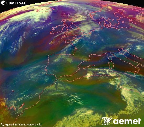 RGB composition where several channels of satellite Meteosat operational in 0� N 0� W are mixed, providing air mass and cloudiness features.&nbsp;Monday, 27 April  2026 05:00