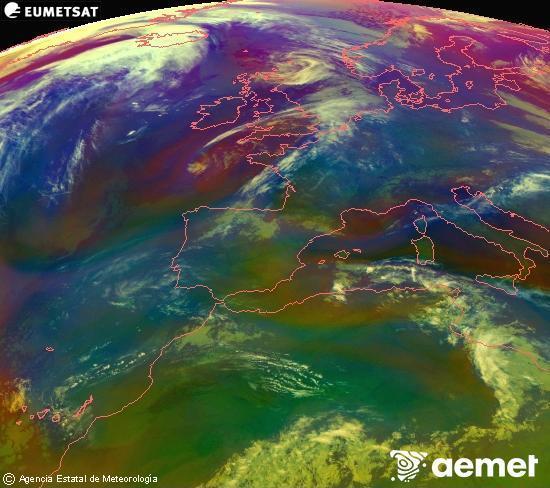 RGB composition where several channels of satellite Meteosat operational in 0� N 0� W are mixed, providing air mass and cloudiness features.&nbsp;Monday, 27 April  2026 06:00