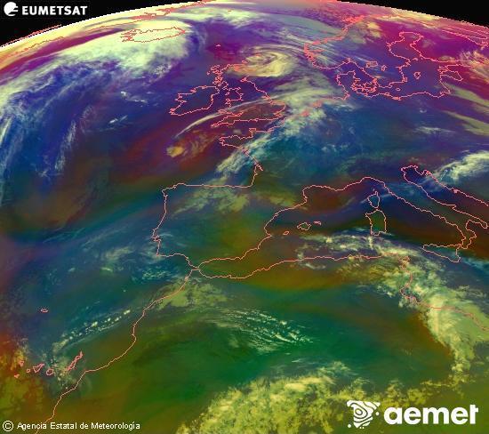 RGB composition where several channels of satellite Meteosat operational in 0� N 0� W are mixed, providing air mass and cloudiness features.&nbsp;Monday, 27 April  2026 07:00