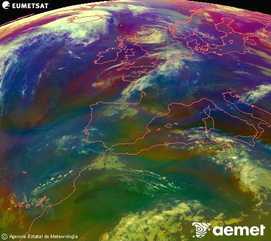 RGB composition where several channels of satellite Meteosat operational in 0� N 0� W are mixed, providing air mass and cloudiness features.&nbsp;Monday, 27 April  2026 08:00
