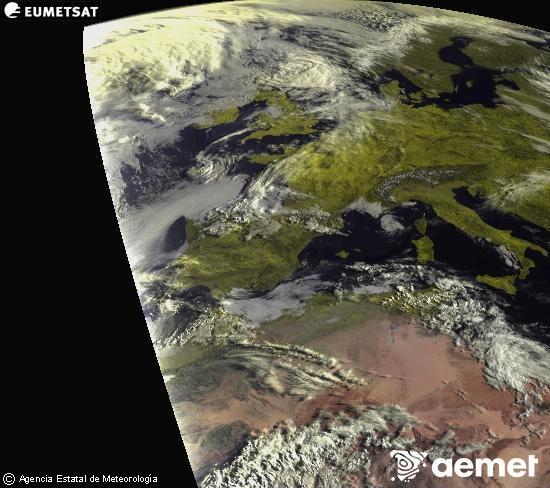 Esta imagen se genera utilizando informaci�n de los canales visibles del sat�lite METEOSAT perteneciente a la segunda generaci�n de sat�lites Meteosat (MSG). Por ese motivo, s�lo hay informaci�n en la zona iluminada por el sol. Adem�s, los canales han sido normalizados para que el brillo no dependa de la posici�n del sol.&nbsp;Monday, 27 April  2026 08:00