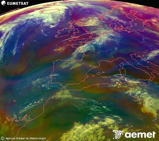 RGB composition where several channels of satellite Meteosat operational in 0� N 0� W are mixed, providing air mass and cloudiness features.&nbsp;Monday, 27 April  2026 09:00