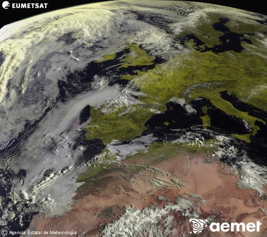 Esta imagen se genera utilizando informaci�n de los canales visibles del sat�lite METEOSAT perteneciente a la segunda generaci�n de sat�lites Meteosat (MSG). Por ese motivo, s�lo hay informaci�n en la zona iluminada por el sol. Adem�s, los canales han sido normalizados para que el brillo no dependa de la posici�n del sol.&nbsp;Monday, 27 April  2026 09:00