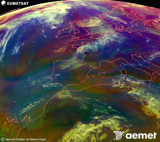RGB composition where several channels of satellite Meteosat operational in 0� N 0� W are mixed, providing air mass and cloudiness features.&nbsp;Monday, 27 April  2026 10:00