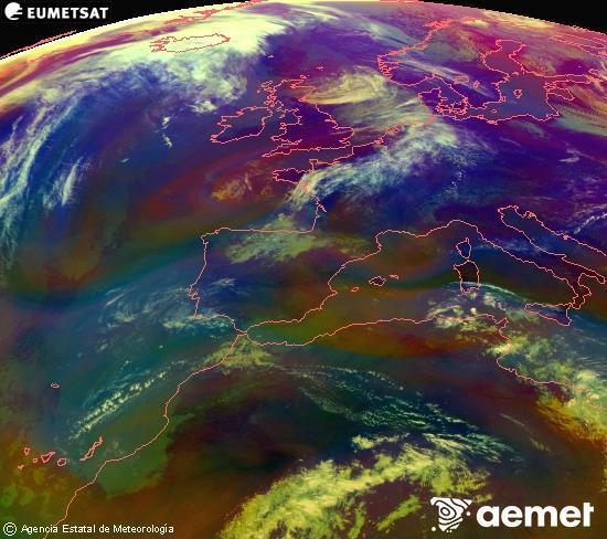 RGB composition where several channels of satellite Meteosat operational in 0� N 0� W are mixed, providing air mass and cloudiness features.&nbsp;Monday, 27 April  2026 11:00