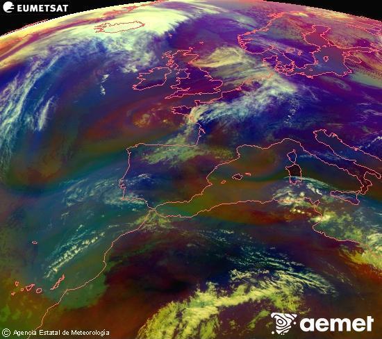 RGB composition where several channels of satellite Meteosat operational in 0� N 0� W are mixed, providing air mass and cloudiness features.&nbsp;Monday, 27 April  2026 12:00