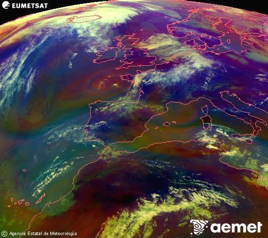 RGB composition where several channels of satellite Meteosat operational in 0� N 0� W are mixed, providing air mass and cloudiness features.&nbsp;Monday, 27 April  2026 13:00