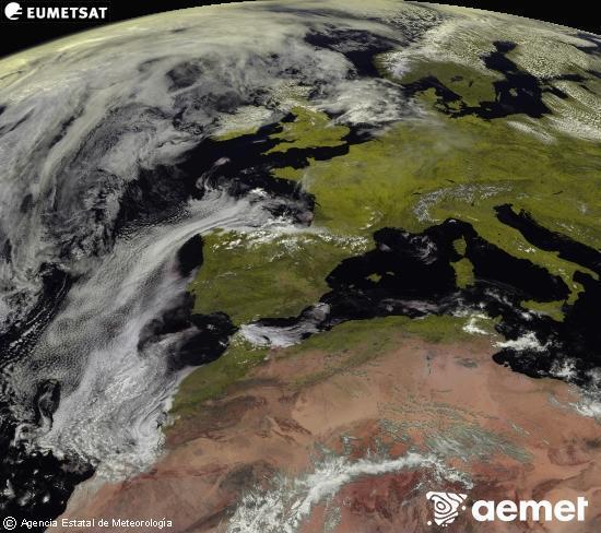Esta imagen se genera utilizando informaci�n de los canales visibles del sat�lite METEOSAT perteneciente a la segunda generaci�n de sat�lites Meteosat (MSG). Por ese motivo, s�lo hay informaci�n en la zona iluminada por el sol. Adem�s, los canales han sido normalizados para que el brillo no dependa de la posici�n del sol.&nbsp;Monday, 27 April  2026 13:00